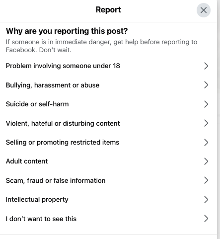 Facebook reporting menu showing reasons like scam, adult content, and harassment